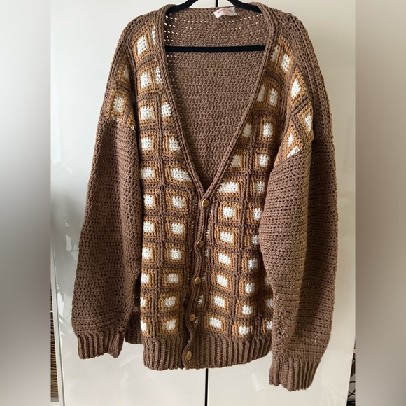 Vintage Other - Brown and White handmade knit blanket cardigan Sweater one of a kind 3X Large